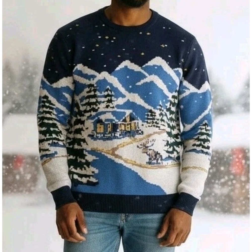 Holiday Lane Sweater Mens XXL 2XL Winter Mountain‎ Cabin Snow Scene NEW NWOT